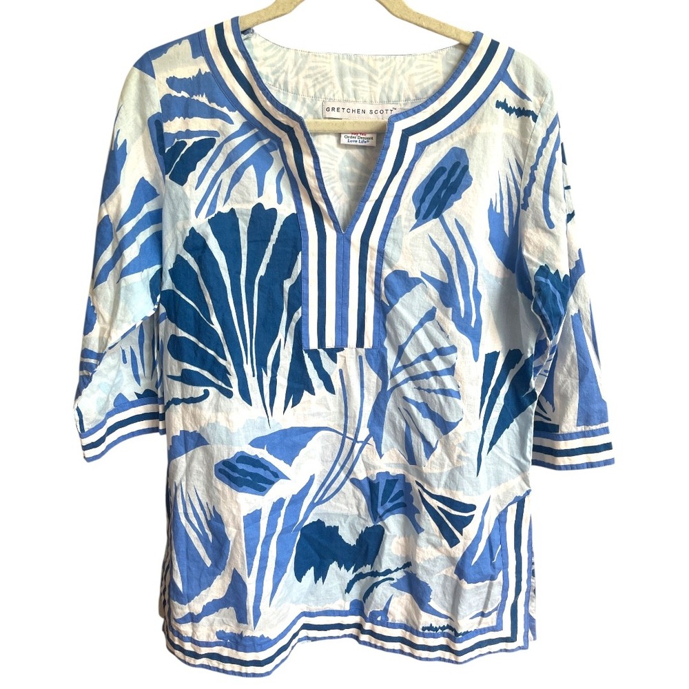 Gretchen Scott Blue White V-Neck Cotton Palm Print Tunic‎ Top M